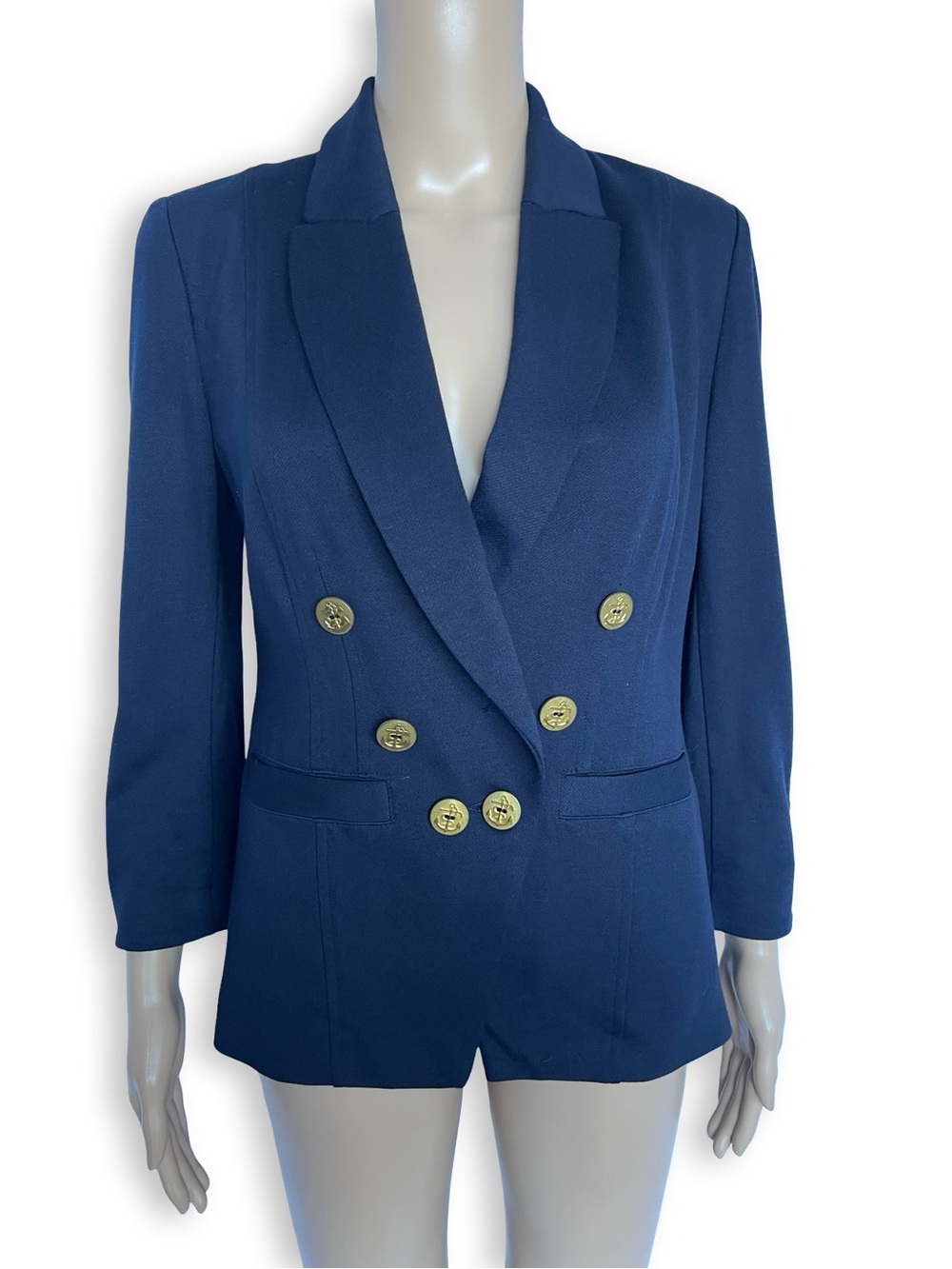 CAbi Navy Blue Double-Breasted Nautical Blazer with Gold Buttons